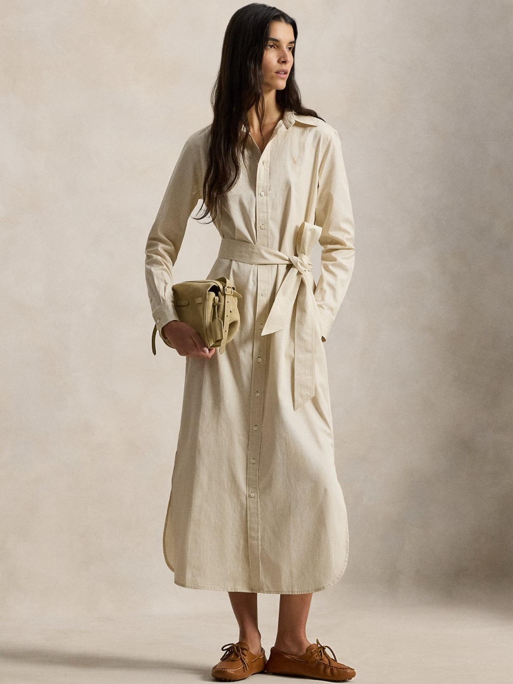 Ralph Lauren Cream Cotton Button-Front Shirt Dress with Waist Tie
